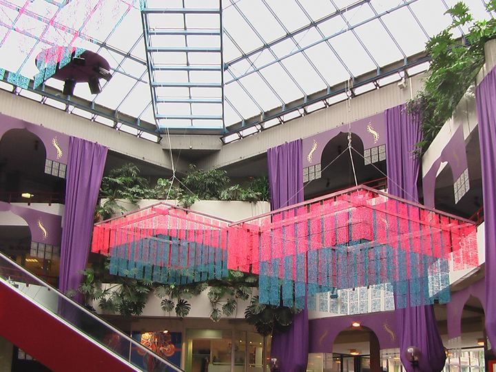 The atrium of the Bonlieu centre decorated for the Annecy animation festival