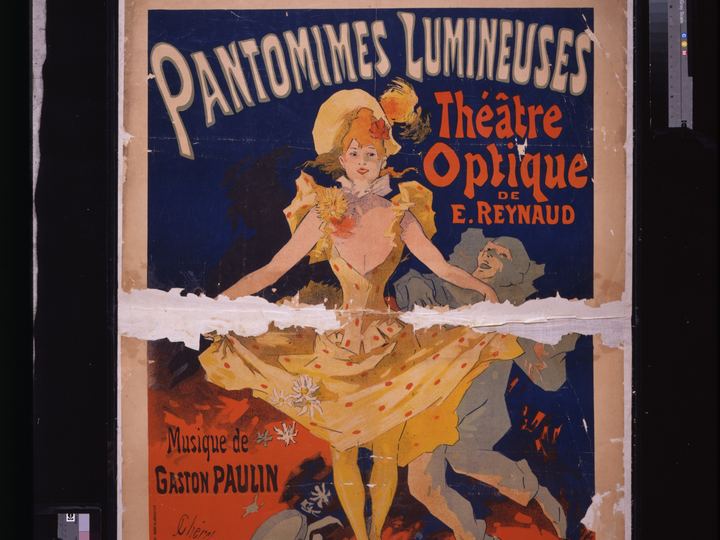 An 1892 poster by Jules Cheret advertising Emile Reynaud's Pantomimes Lumineuses at the Musee Grevin