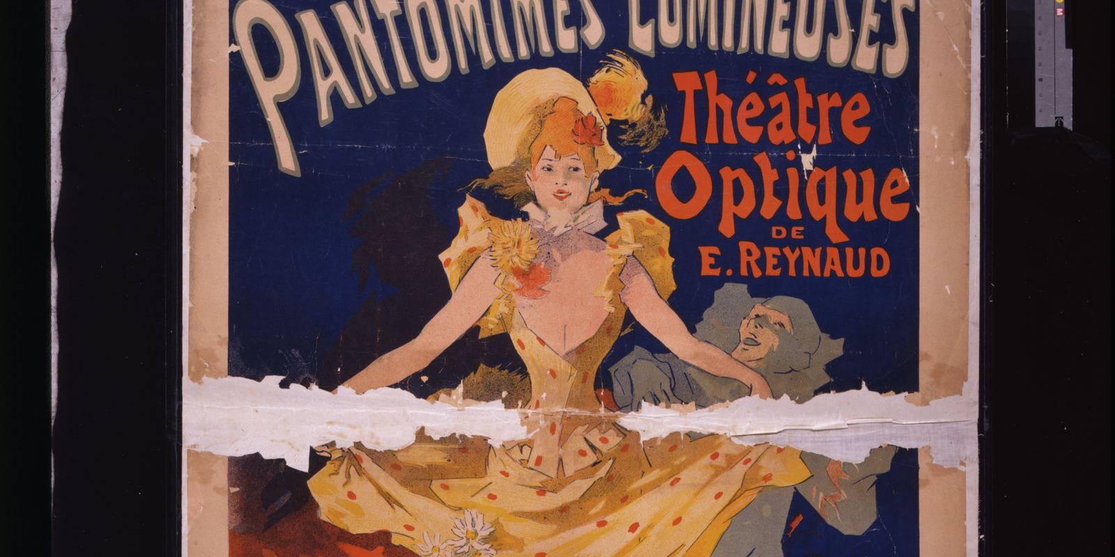 An 1892 poster by Jules Cheret advertising Emile Reynaud's Pantomimes Lumineuses at the Musee Grevin