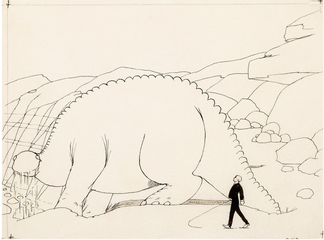 Original drawing of Gertie the Dinosaur bending down beside a small figure of Winsor McCay