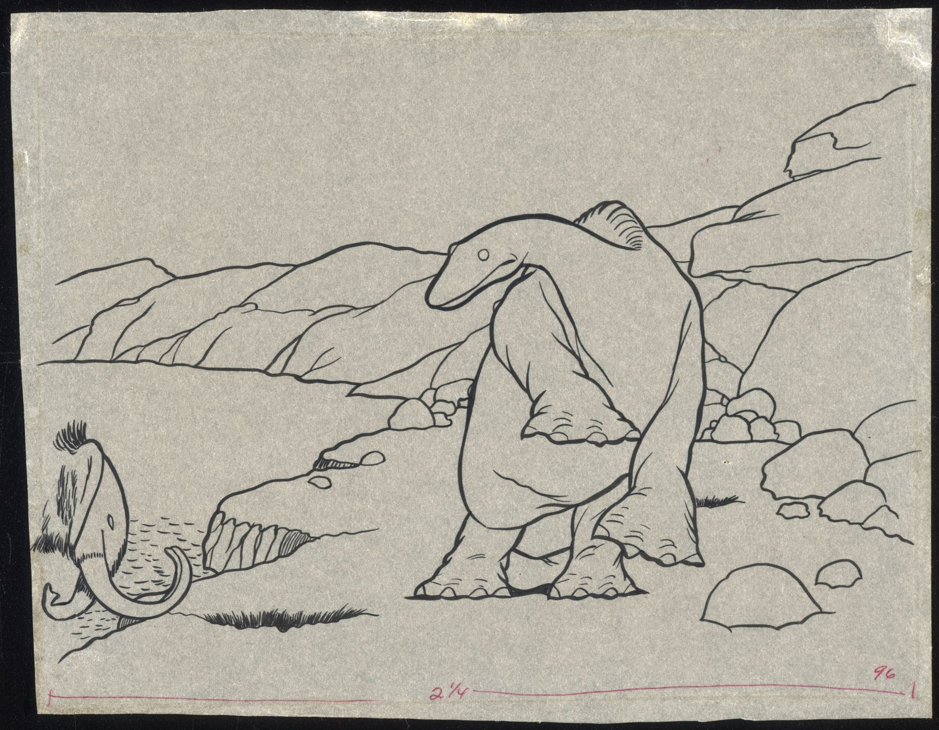 Original 1914 pen drawing of Gertie the Dinosaur standing on a rocky shore
