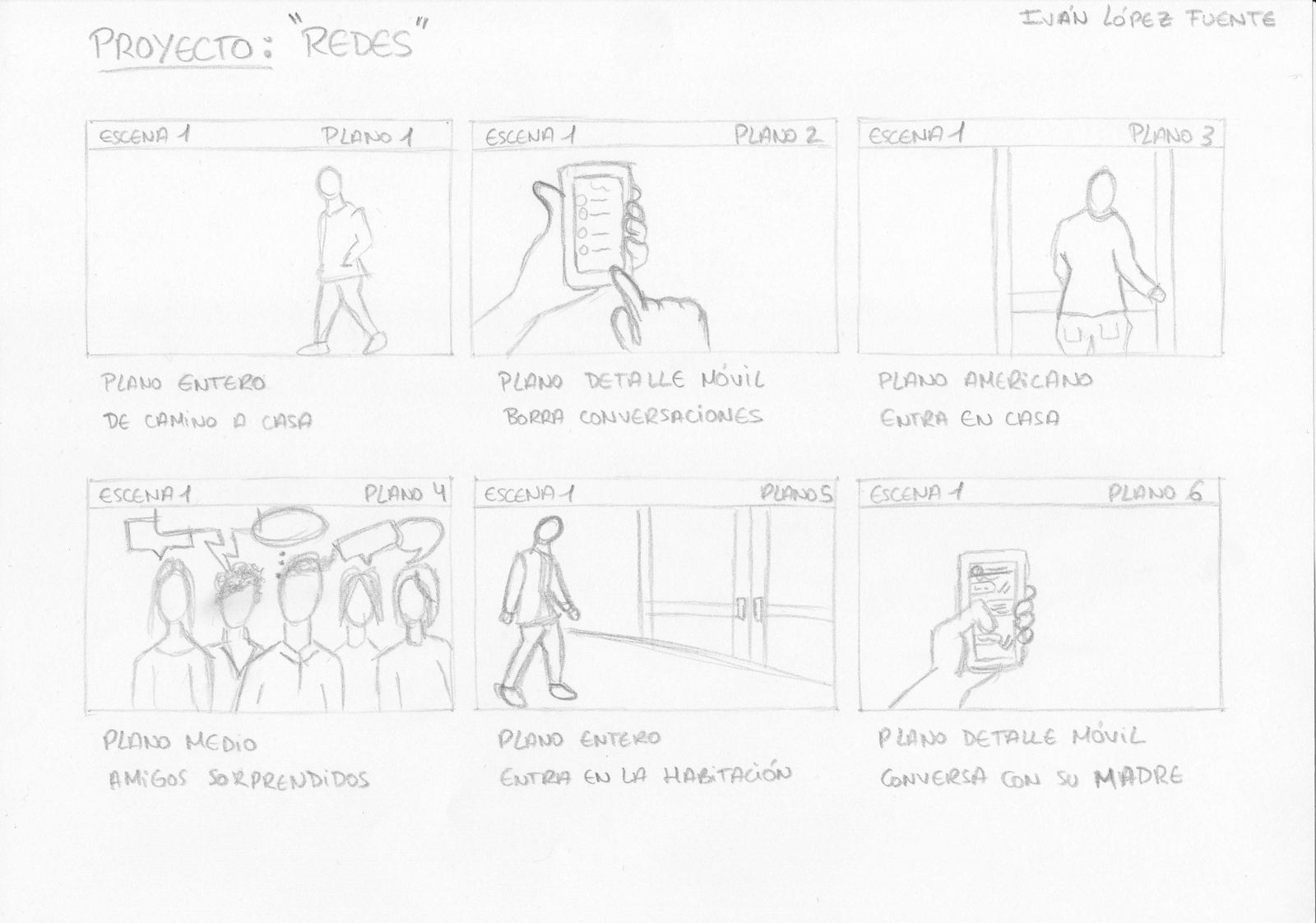 A hand-drawn storyboard page with six numbered panels and notes under each one