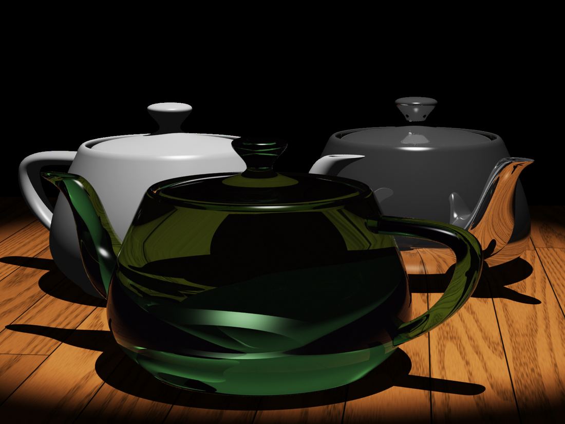 Computer rendering of three teapots in different materials on a wooden table