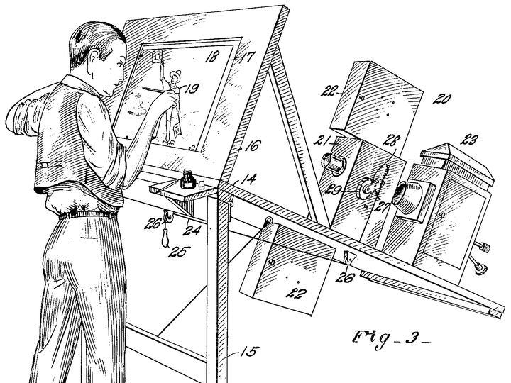 Drawing from Max Fleischer's 1917 rotoscope patent showing the projector and drawing table