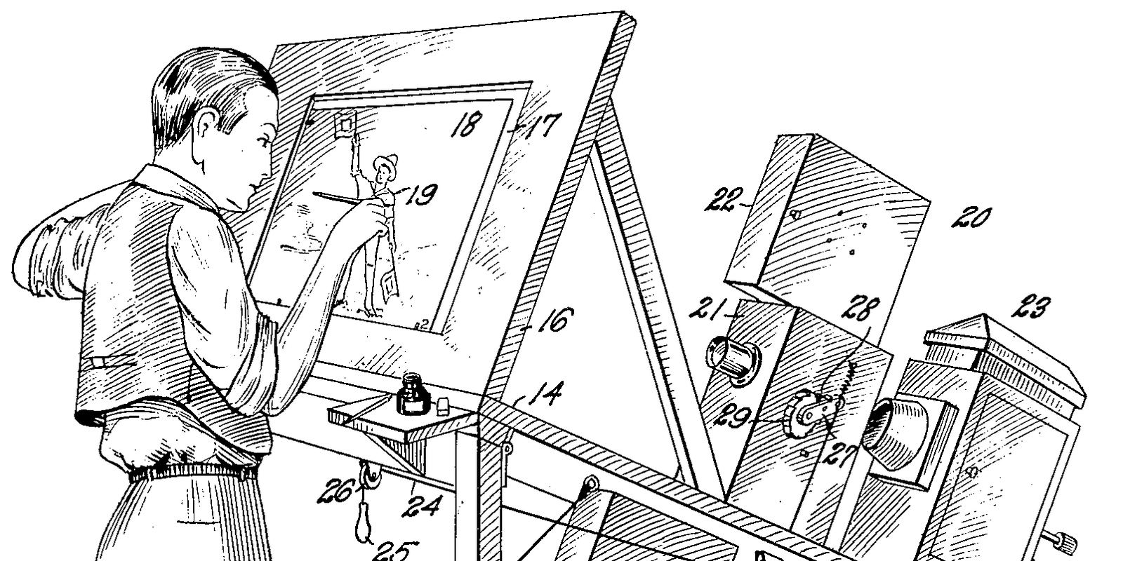 Drawing from Max Fleischer's 1917 rotoscope patent showing the projector and drawing table